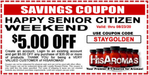 Happy Senior Citizen Weekend - $5.00 OFF Coupon on any purchase of $35.00 or more!